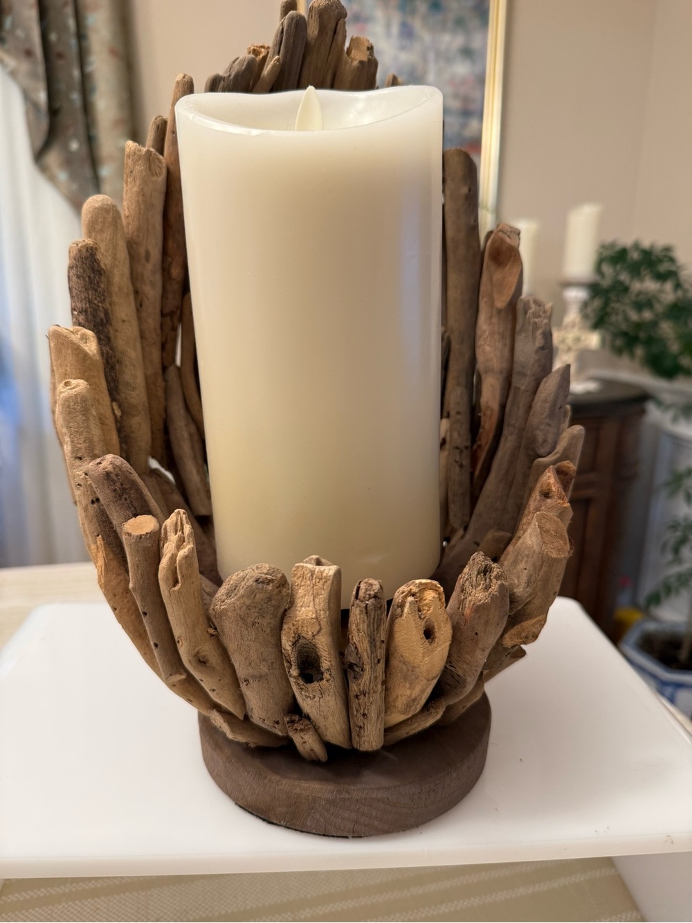 Source Unknown Driftwood Candle Holder with Cream Candle